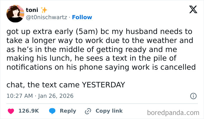 A tweet about a hilarious husband missing a work cancellation text from yesterday, leading to an early morning misunderstanding.