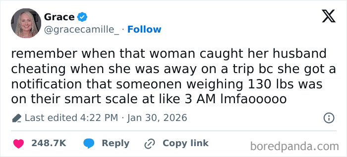 Tweet about smart scale notification revealing cheating, popular cheating stories