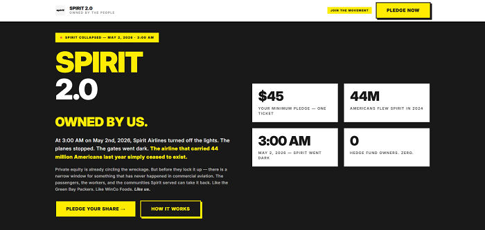 A website showing Spirit Airlines information, featuring Pledge Now button and details about its collapse, related to buying Spirit Airlines.