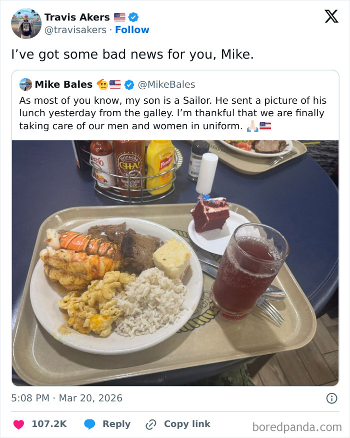 Tweet about sailor's lunch with photo of meal and a reply saying bad news internet content