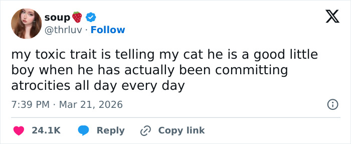 A funny tweet about a cat's manipulative behavior and the owner's complicity. Confirms cats are adorable, weird, manipulative.