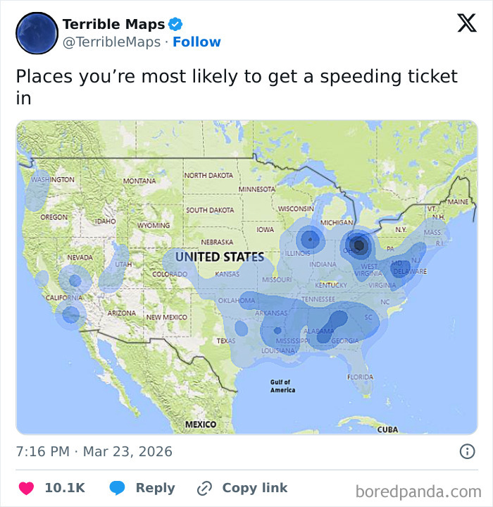US map showing hotspots for getting a speeding ticket by blue intensity