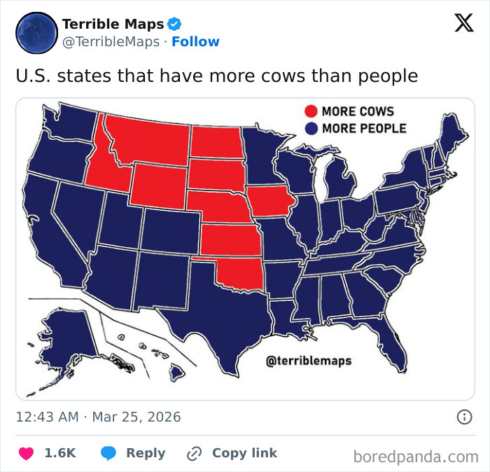 US map highlighting states with more cows than people in red