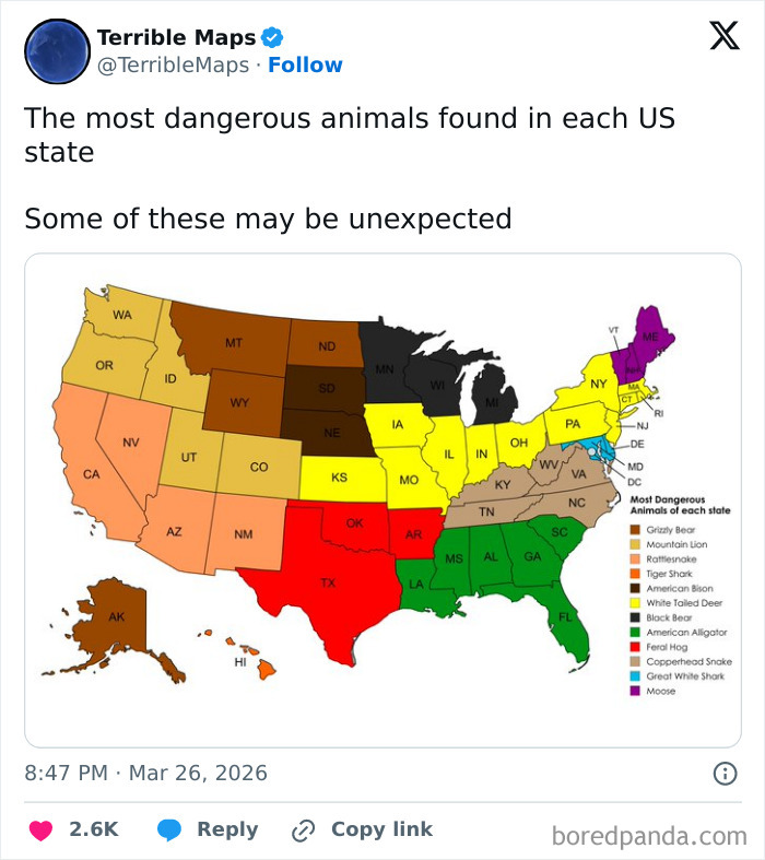 US map of most dangerous animals by state with color-coded legend