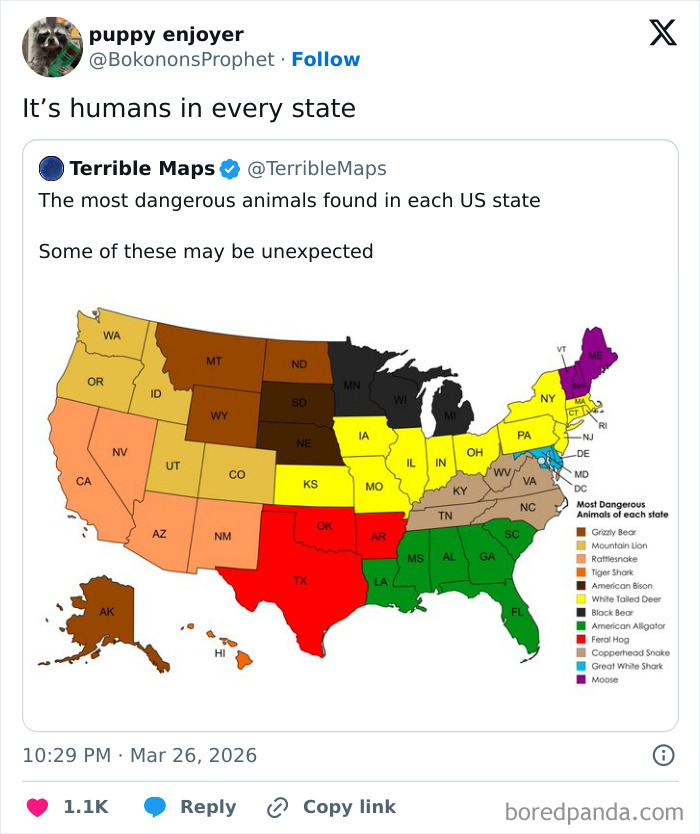 US map showing the most dangerous animals by state in various colors