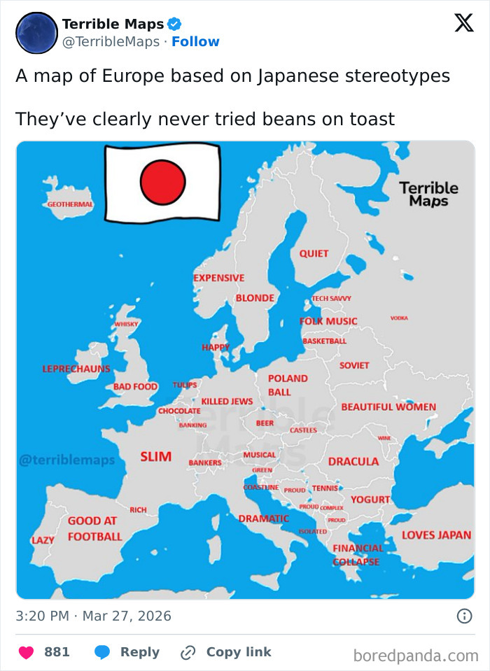 Humorous map of Europe based on Japanese stereotypes with labels