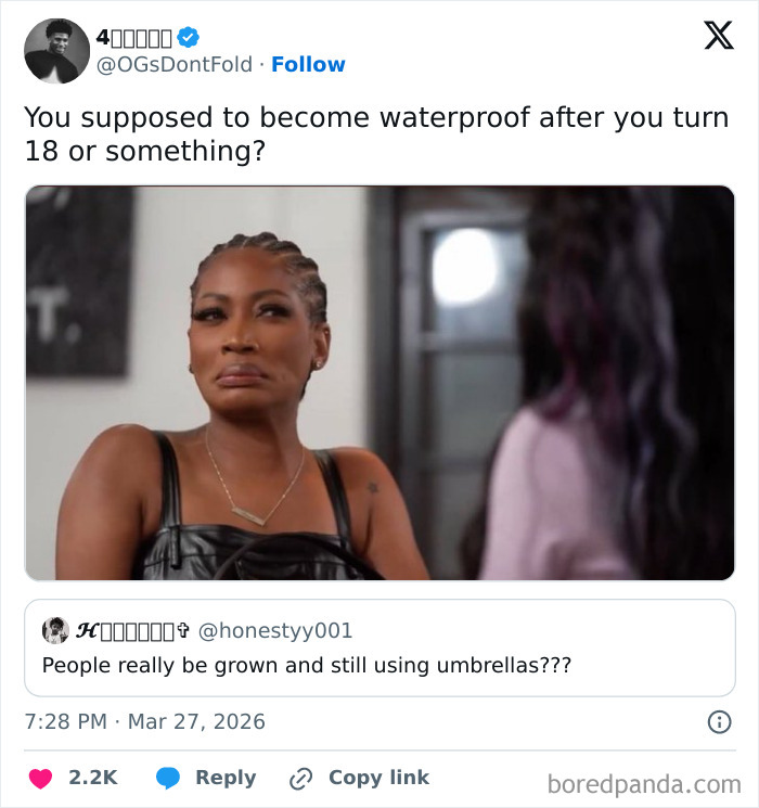 A woman with braids, wearing a black top, makes a sarcastic face, delivering a comeback on a social media post.