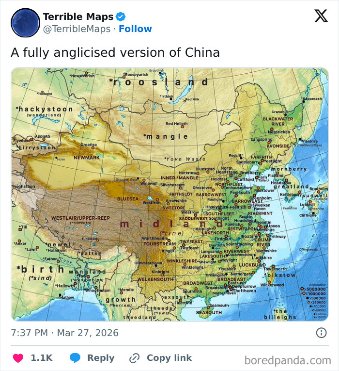 Anglicised map of China with English-style place names and regions