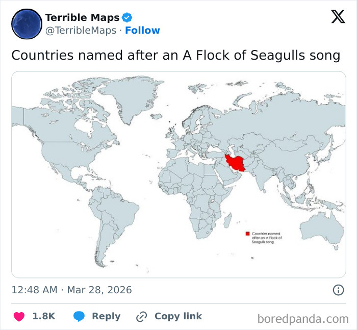 World map highlighting Iran in red as a country named after a song