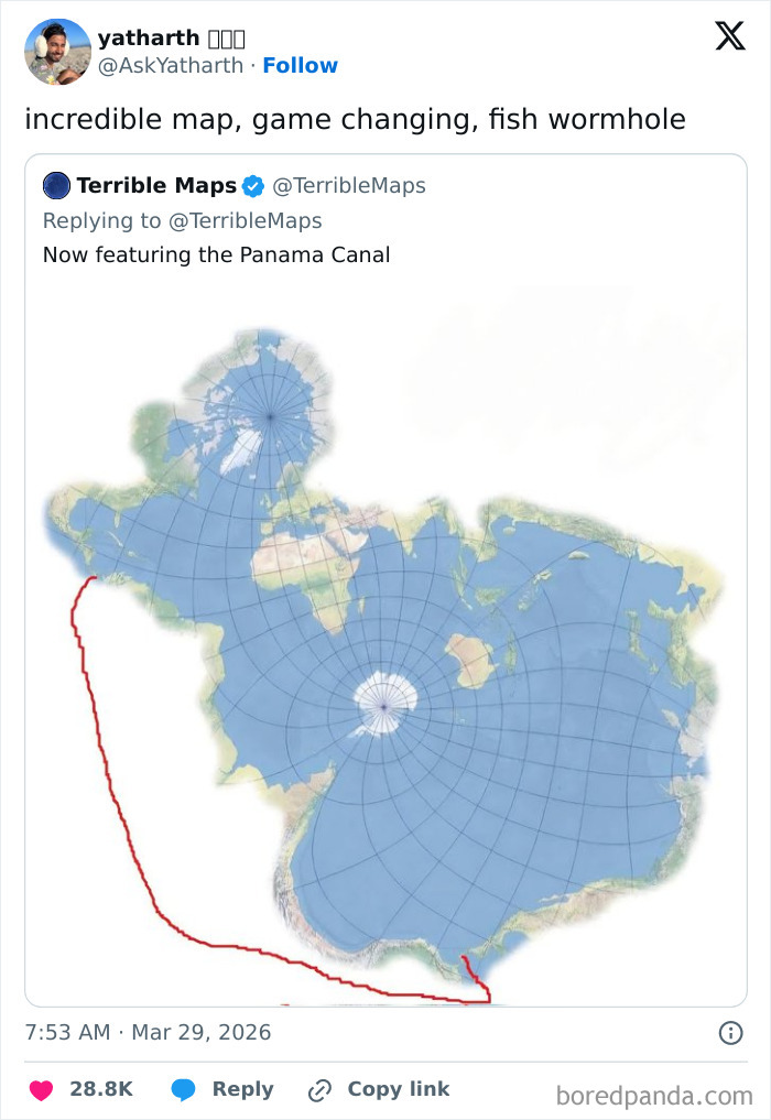 Funny world map with a red line creating a fish wormhole near Antarctica