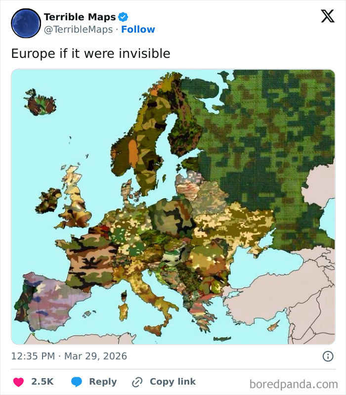 Europe map covered in various camouflage patterns representing invisibility