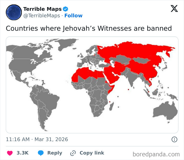 World map showing countries banning Jehovah's Witnesses marked in red
