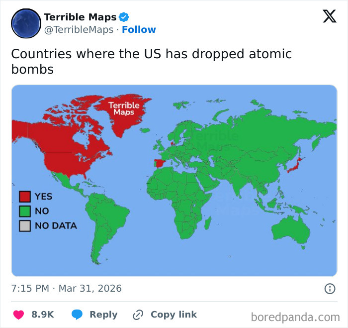 World map highlighting countries where US has dropped atomic bombs