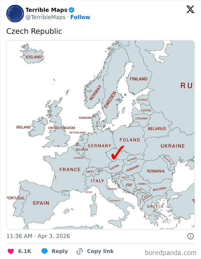 Europe map with a check marking location of the Czech Republic