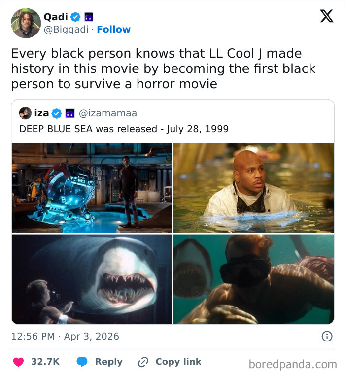 A tweet about LL Cool J making history in a horror movie, one of many hilarious cinephile tweets.