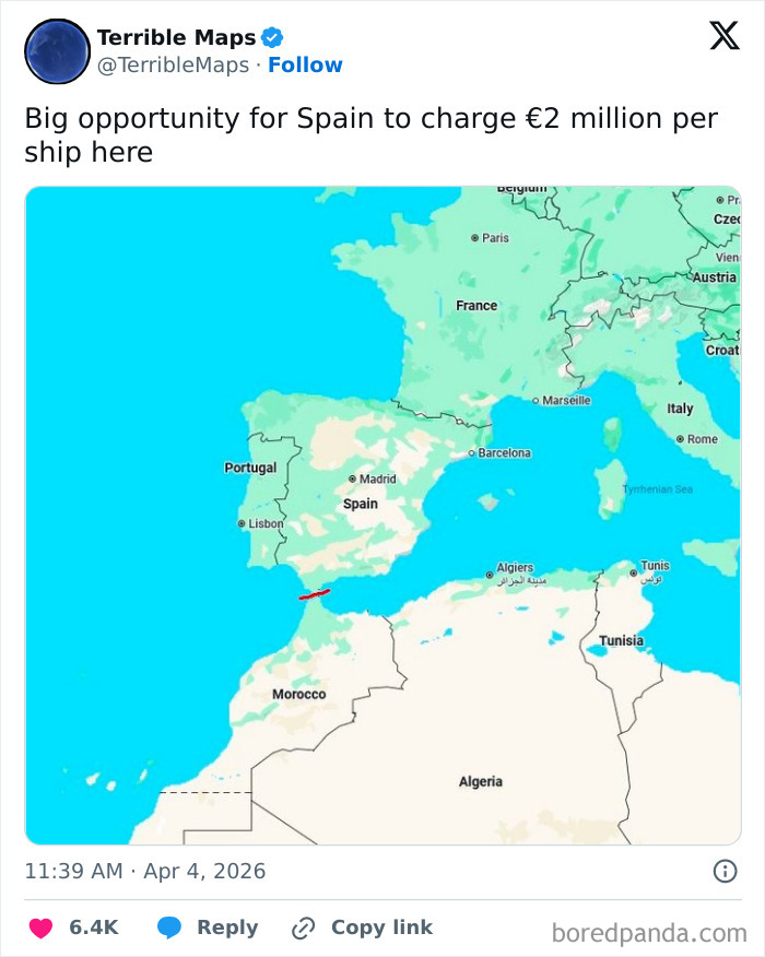 Map showing strategic maritime route near Spain for ship fees