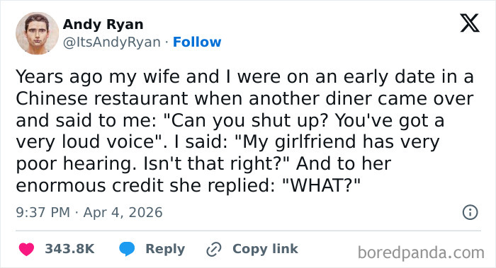 Funny married life tweet about loud voice and poor hearing during a Chinese restaurant date
