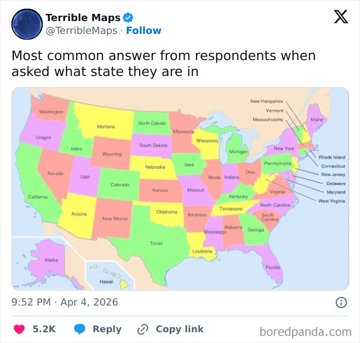 Colorful US map showing most common state answer from respondents