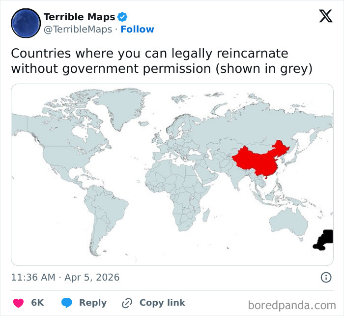 World map highlighting countries allowing legal reincarnation without permission