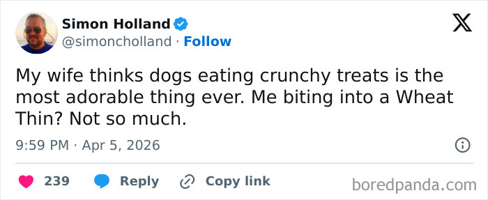Funny tweet about married life comparing dogs eating treats to biting Wheat Thins