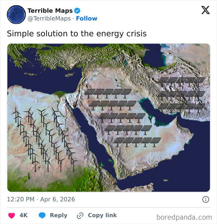 Middle East map with wind turbines and solar panels as energy crisis solution