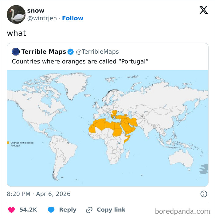 World map highlighting countries where oranges are called Portugal in orange