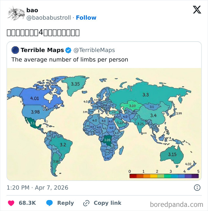 World map displaying average number of limbs per person by country