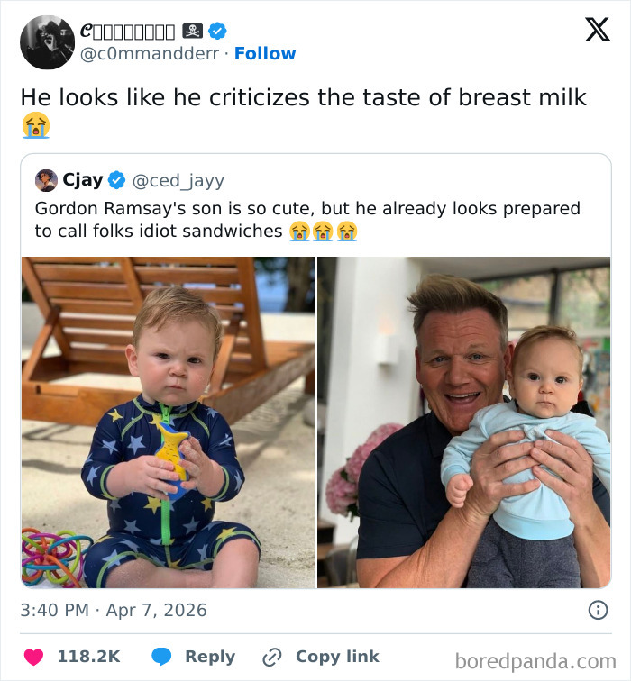 A tweet showing Gordon Ramsay's son with a comeback-ready expression. A split image of the baby on the beach and with Gordon Ramsay.