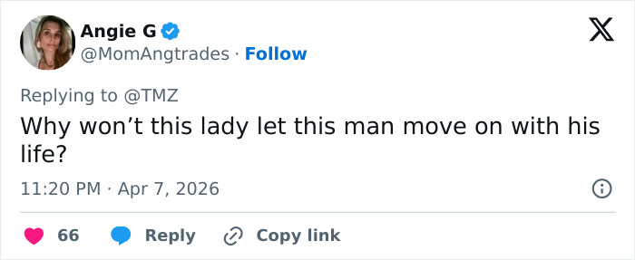 A tweet from Angie G asking why "this lady" won't let "this man" move on, sparking Angelina Jolie email speculation. A tweet from Angie G asking why "this lady" won't let "this man" move on, sparking Angelina Jolie email speculation.
