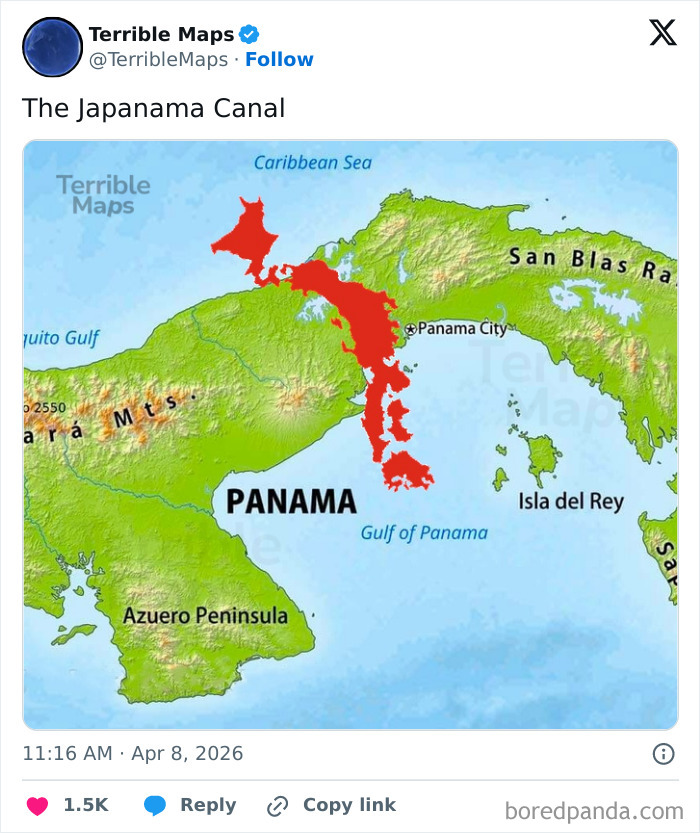 Panama map highlighting the Panama Canal in bright red