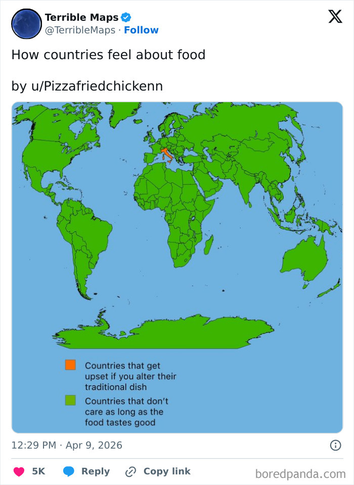 World map showing countries upset about food changes versus those who don't mind