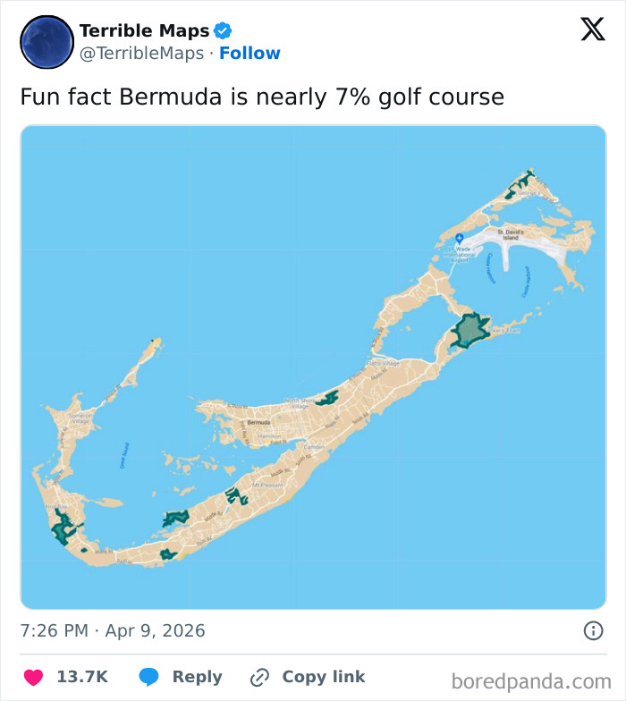 Bermuda map showing nearly 7 percent of area as golf courses