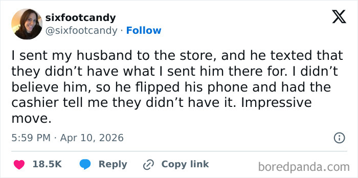 Witty married life tweet about husband proving store lacked requested item by cashier