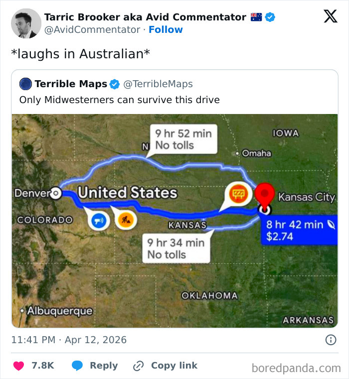 Map showing driving routes across Kansas with time and toll details
