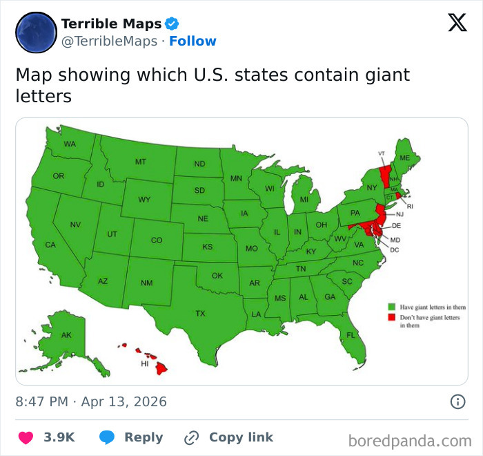 US map highlighting states with giant letters in their names