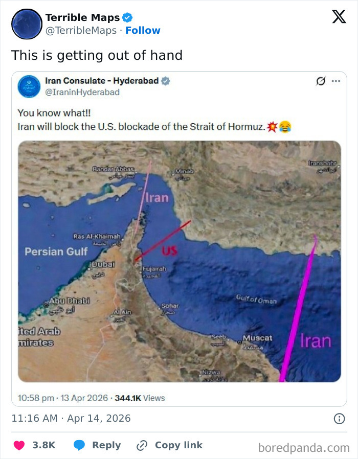 Map of Persian Gulf area showing Iran blocking US blockade of Strait of Hormuz