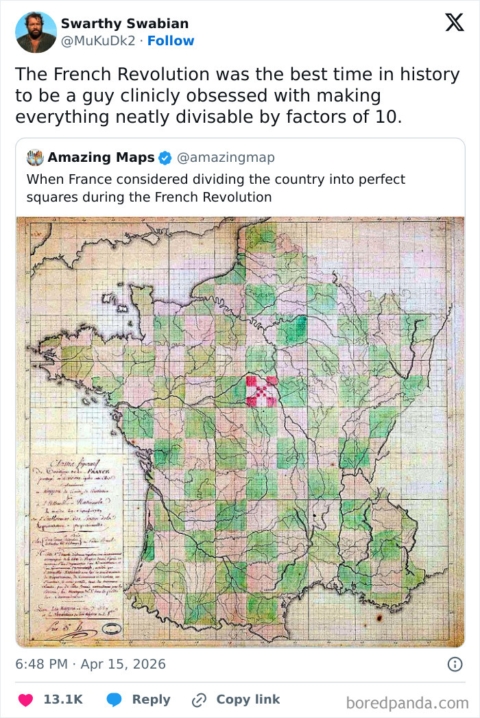 Map of France divided into perfect squares considered during the French Revolution