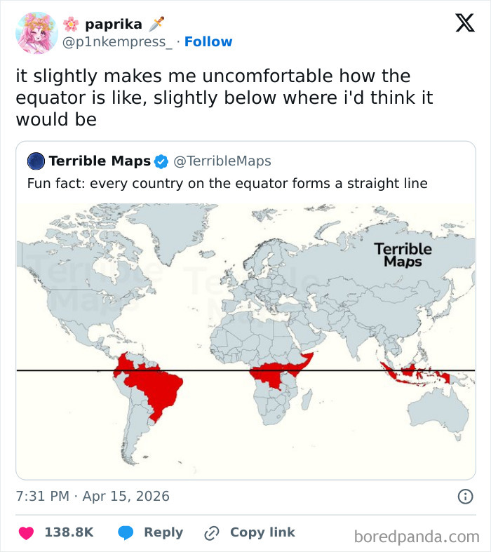 World map showing equator line with countries forming a straight line