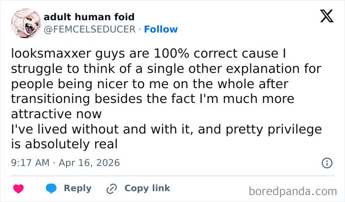 Tweet describing personal experience with pretty privilege after transitioning