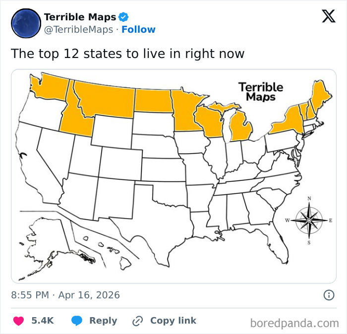 United States map highlighting top 12 states recommended to live in currently