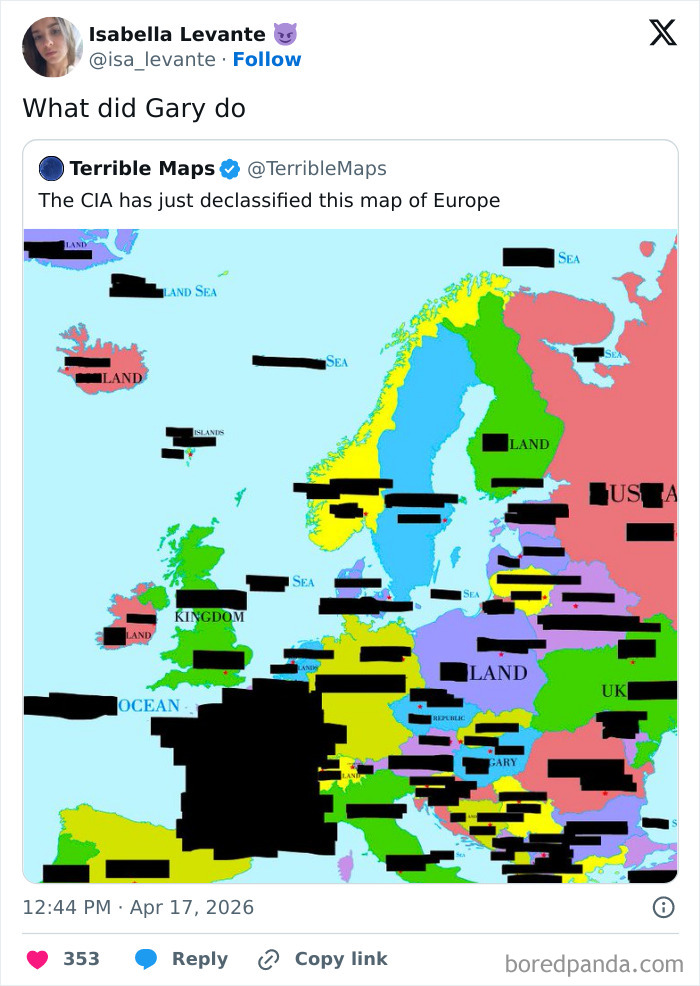 Censored Europe map humorously labeled as declassified by CIA