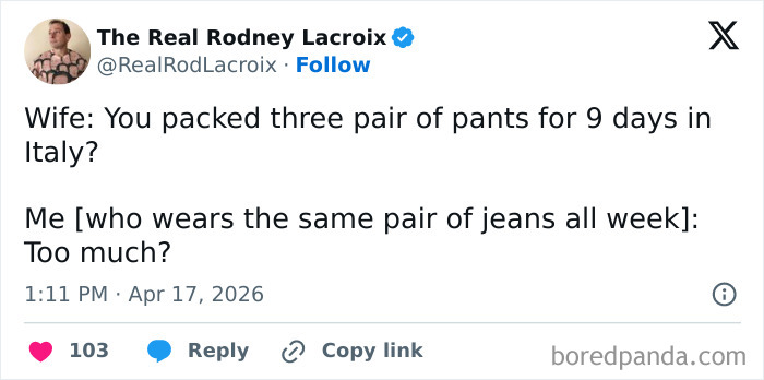 Humorous tweet about packing and married life with minimal jeans for Italy trip