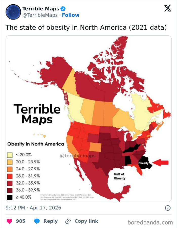North America map depicting obesity rates by state with color coding