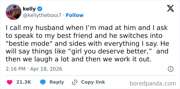 Funny tweet about married life and husband switching to best friend mode during an argument