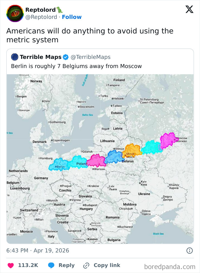 Map comparing distance from Berlin to Moscow using Belgiums as unit in funny maps