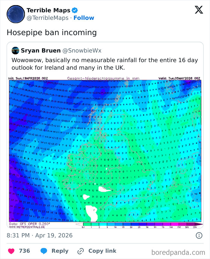 UK and Ireland map with rainfall forecast showing minimal precipitation