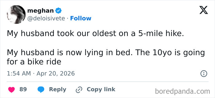 Comic tweet on married life about husband resting after a hike while child bikes