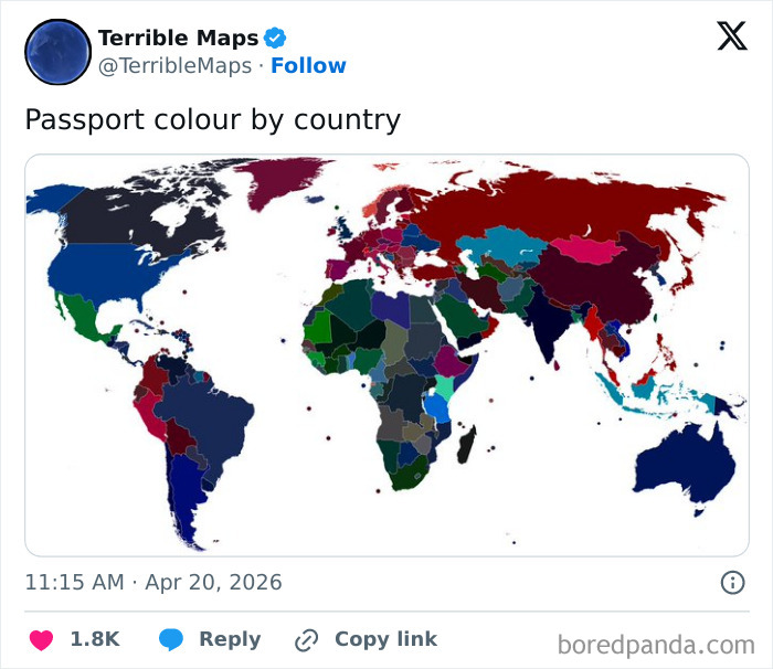 World map showing passport cover colors by country