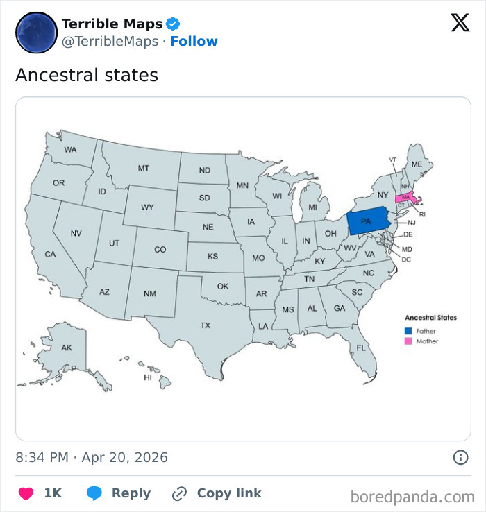 US map highlighting ancestral states of father and mother origins
