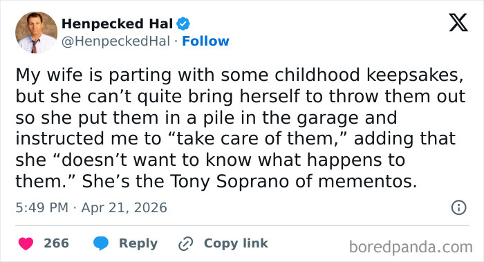 Tweet about wife keeping childhood keepsakes and husband taking care of them